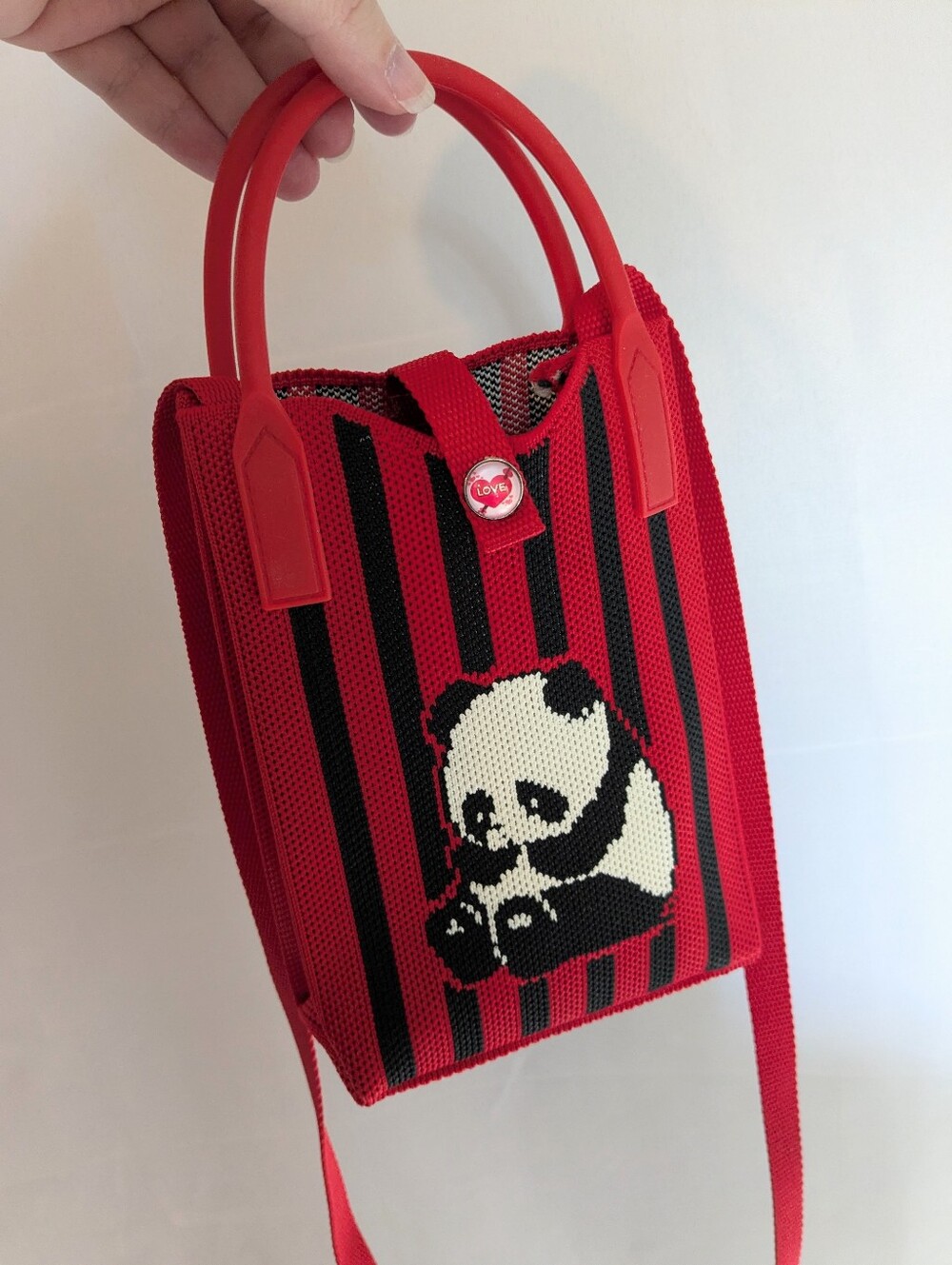 Woven Panda Mini Crossbody Bag Red Black Stripes